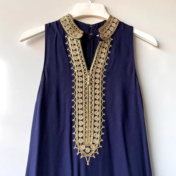Lilly Pulitzer Jane Maxi Dress Womens 00 XS Navy Gold Metallic